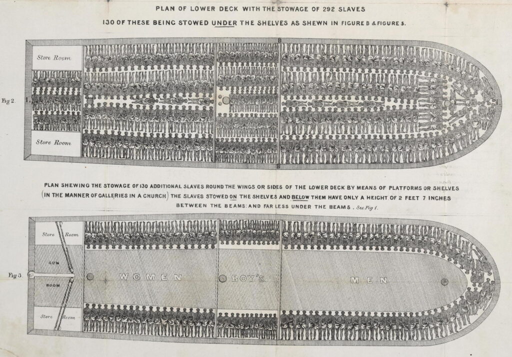 Picture of a British slave ship's decks showing how the enslaved were stowed.