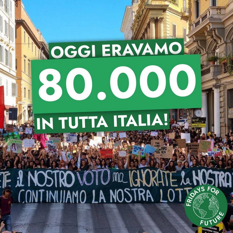 Demonstrators at Climate Strike hold signs demanding climate justice Tutta Italy